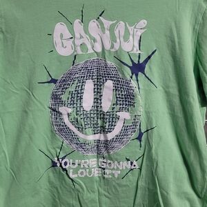 Ganni Light Green Graphic Short Sleeve Tee with White and Navy Print